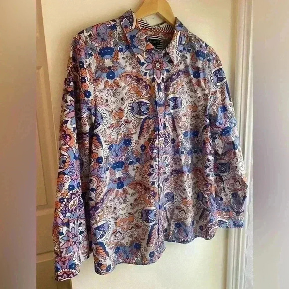 Talbots XLP Classic Cotton Shirt Royal Palm Paisley Orange Blue Button Down Up - Picture 3 of 8